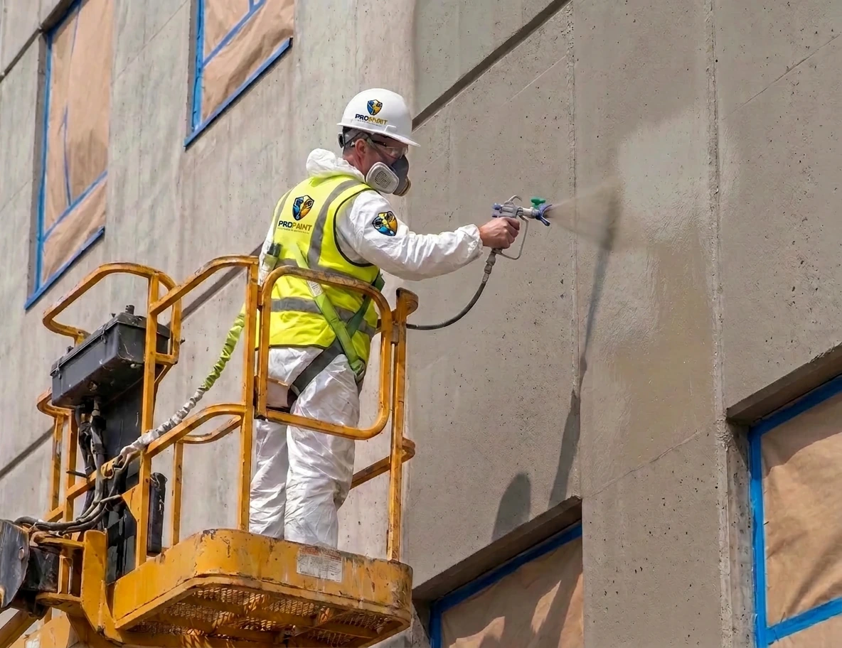 ProPaint commercial painters on jobsite wearing white safety helmets with vertical ProPaint logo