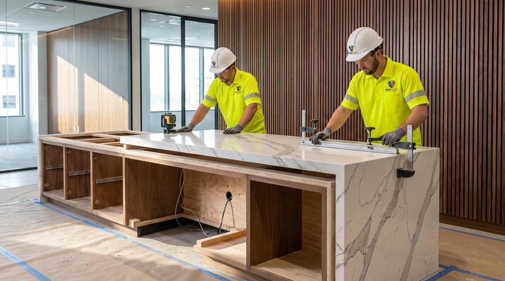Cabinetmakers installing custom reception desk in yellow shirts and white helmets with front ProPaint logo